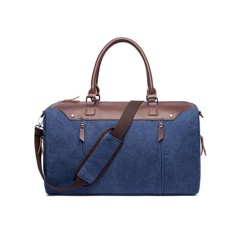 Front view of stylish canvas duffle bag.