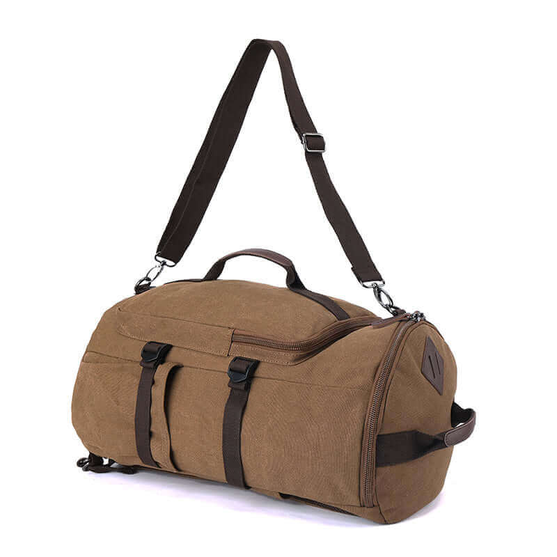 Canvas duffle bag with an adjustable strap for versatile carrying options.