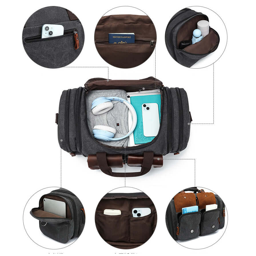 Internal view showing zipper pocket and multiple insert compartments