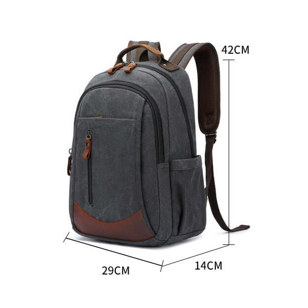 Black canvas laptop backpack front view with vintage leather trim