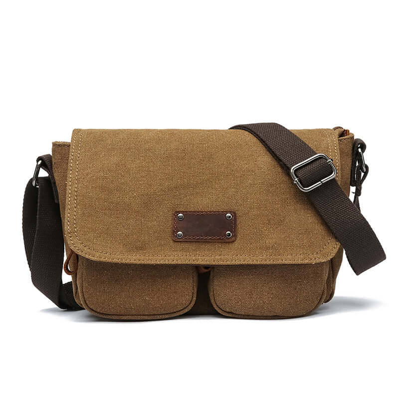 Coffee brown unisex shoulder bag made of canvas and leather.