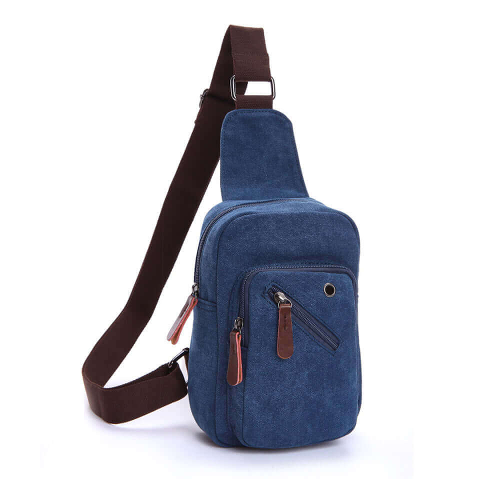 Side view of Canvas Sling Bag in blue color, perfect for men and women.