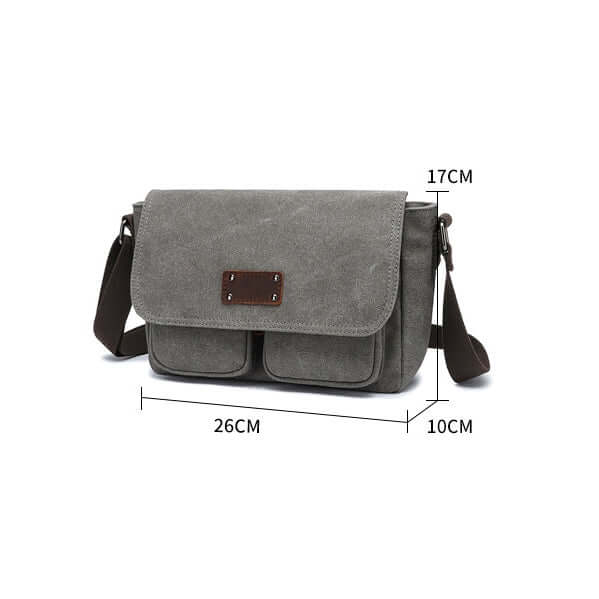 Compact canvas messenger bag for men, ideal for light travel.