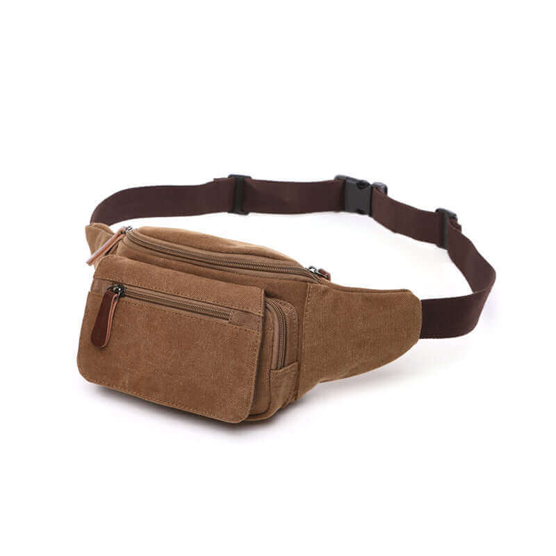 Men's canvas waist bag in coffee color with multiple zippered compartments and adjustable waistband.