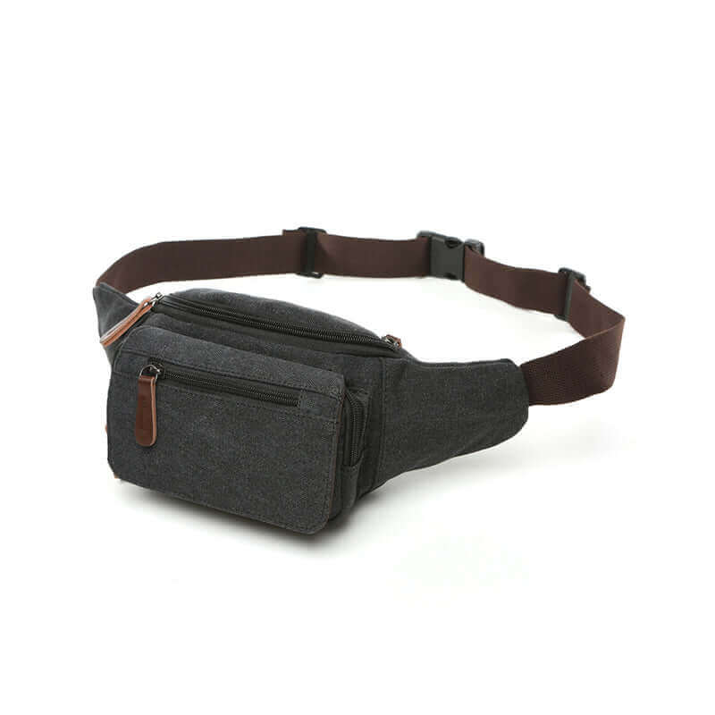 Men's canvas waist bag with multiple pockets for convenient organization.