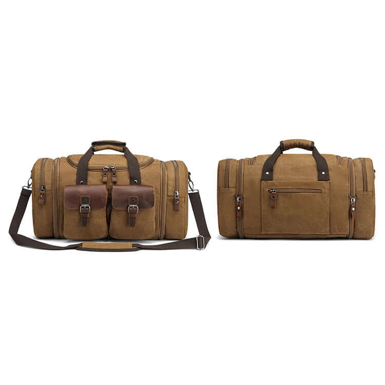 Dual front leather flap pockets on travel duffel