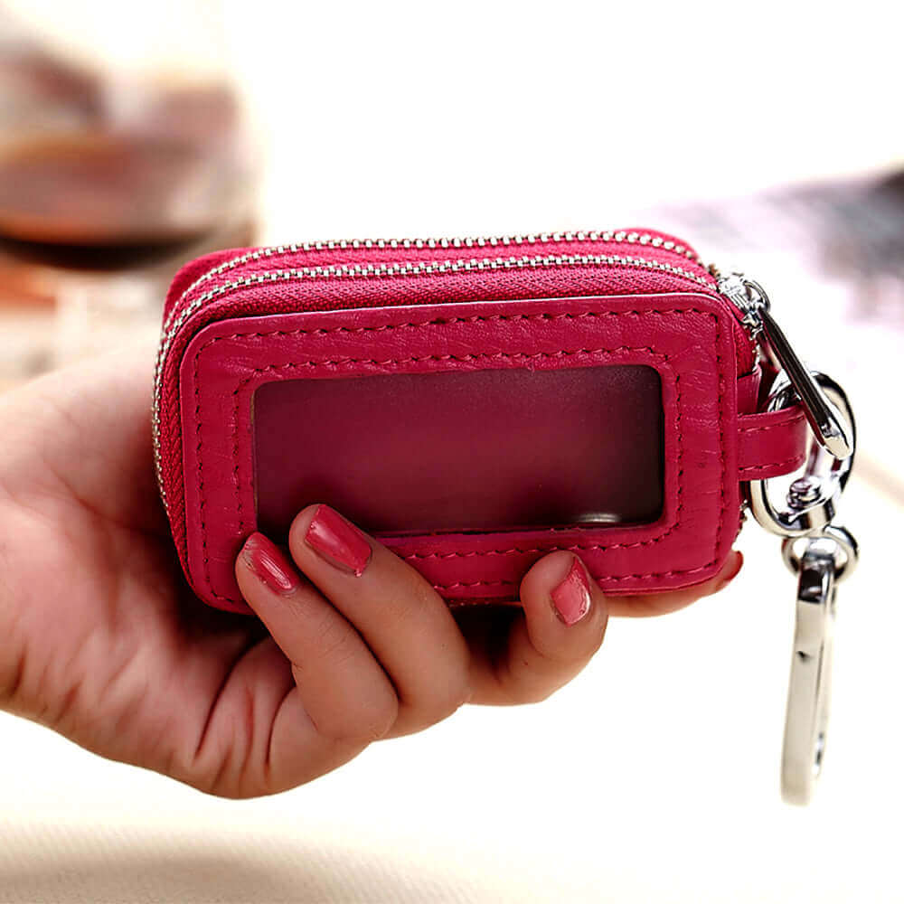 Leather car key case showing the transparent window feature.