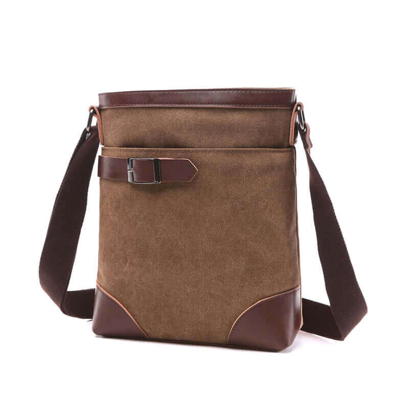 Men's casual canvas crossbody bag with leather trim for work.