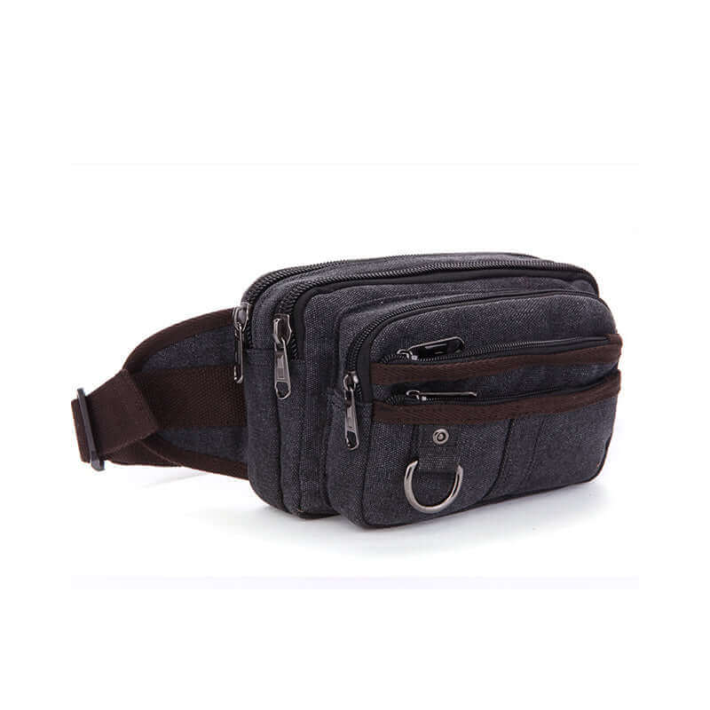 Casual men's black canvas waist bag, ideal for hands-free convenience during outings.