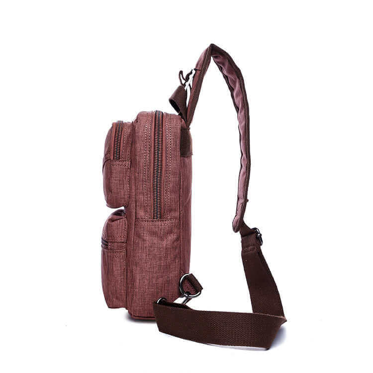 Side profile of the unisex waterproof chest bag.