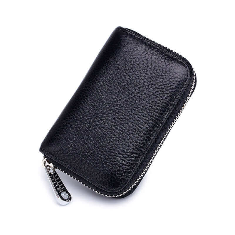 Classic RFID leather card holder for men and women, featuring 12 card slots and sleek design.