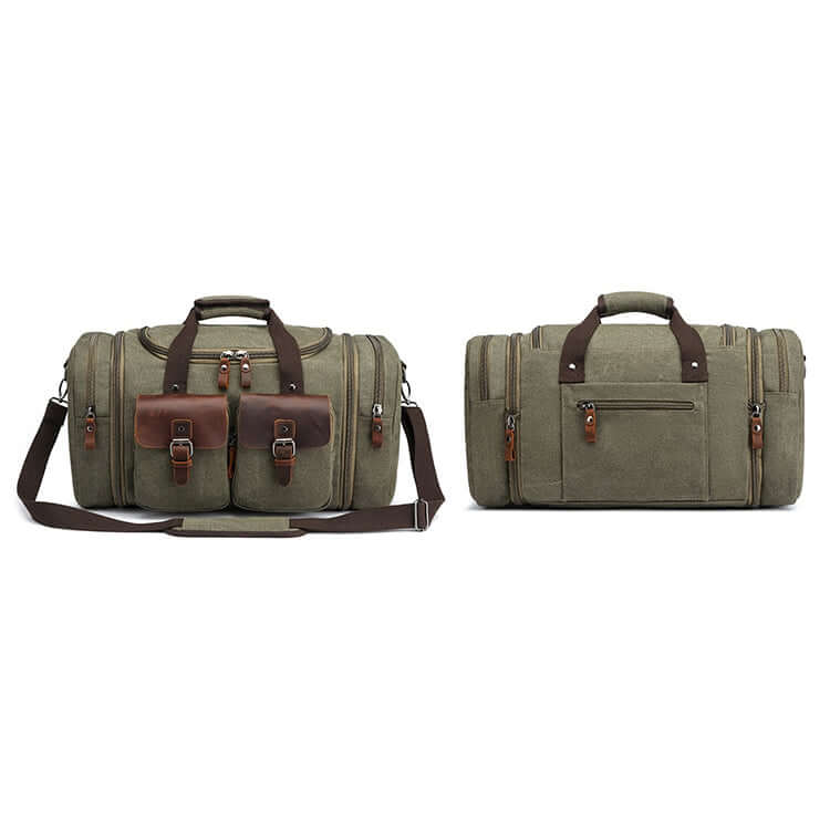 Green canvas duffel ideal for classic travel style