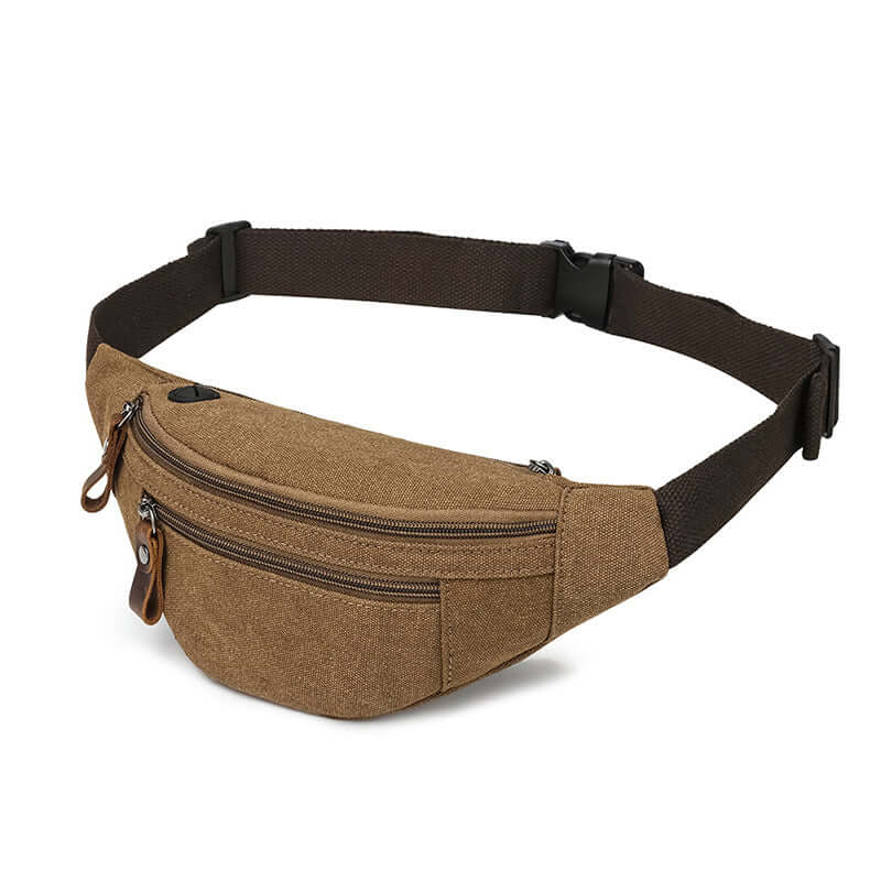 Front view of coffee brown canvas bum bag – classic vintage look