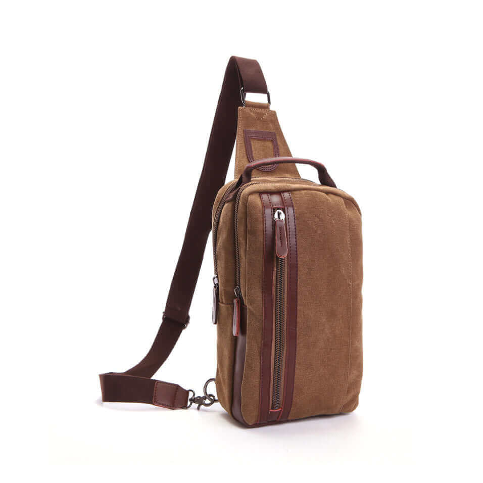 Coffee canvas chest bag for men with practical compartments and adjustable strap.