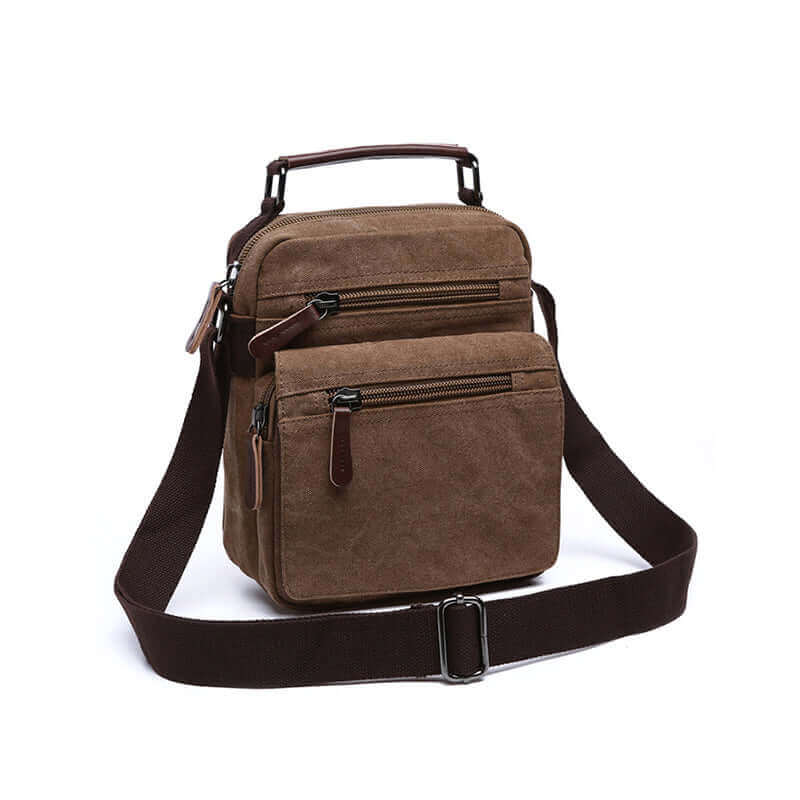 Coffee canvas crossbody bag for daily use, featuring a compact design and multiple compartments.