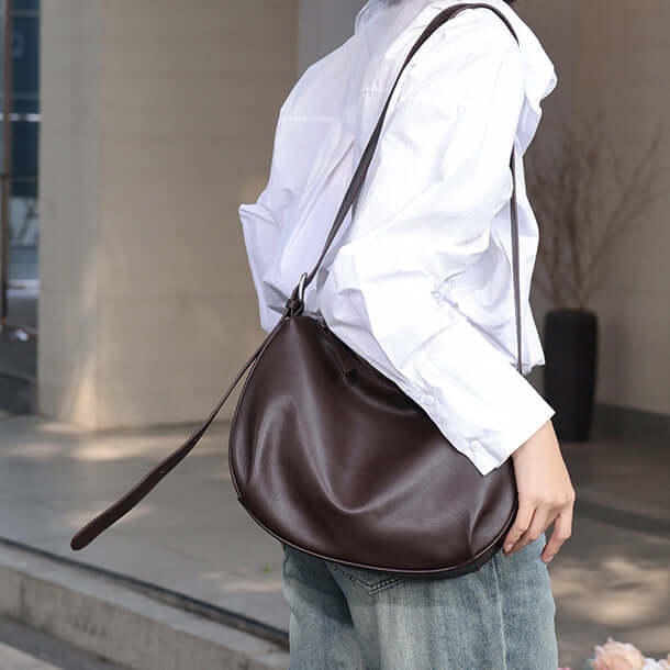 Coffee leather bag styled for everyday outings.