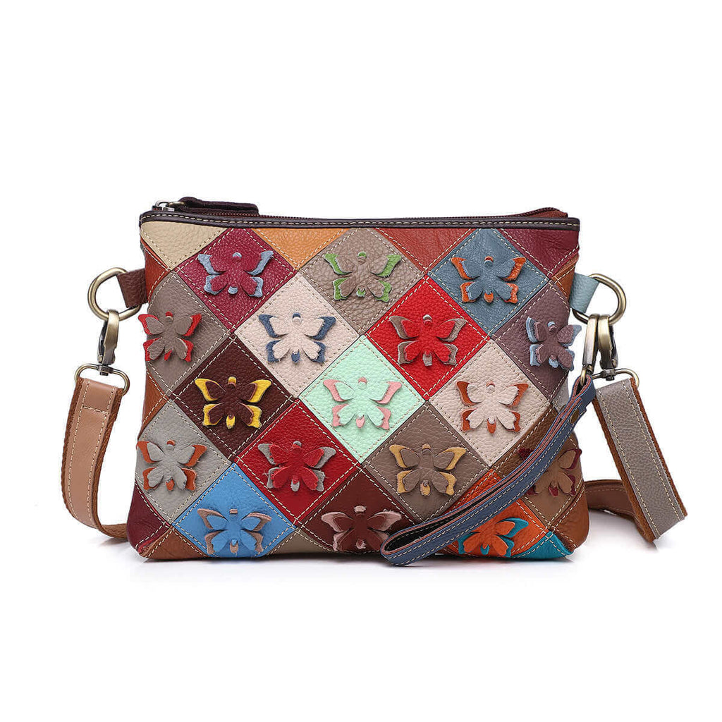 Front view of the colorful butterfly patchwork leather crossbody bag for women