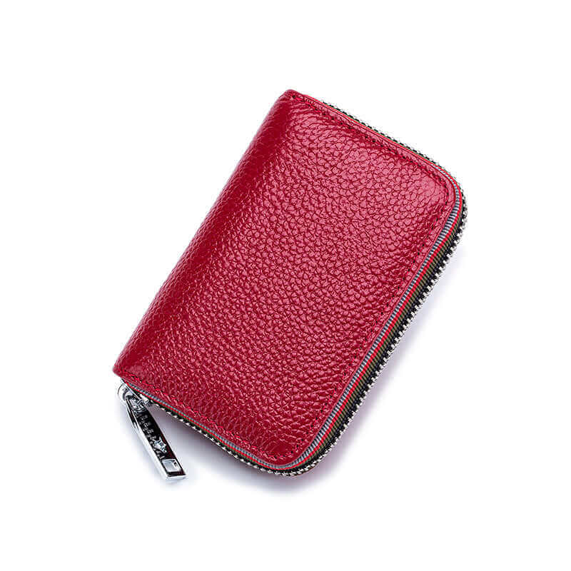 Red RFID leather card holder featuring colorful woven edges, offering security and stylish design.