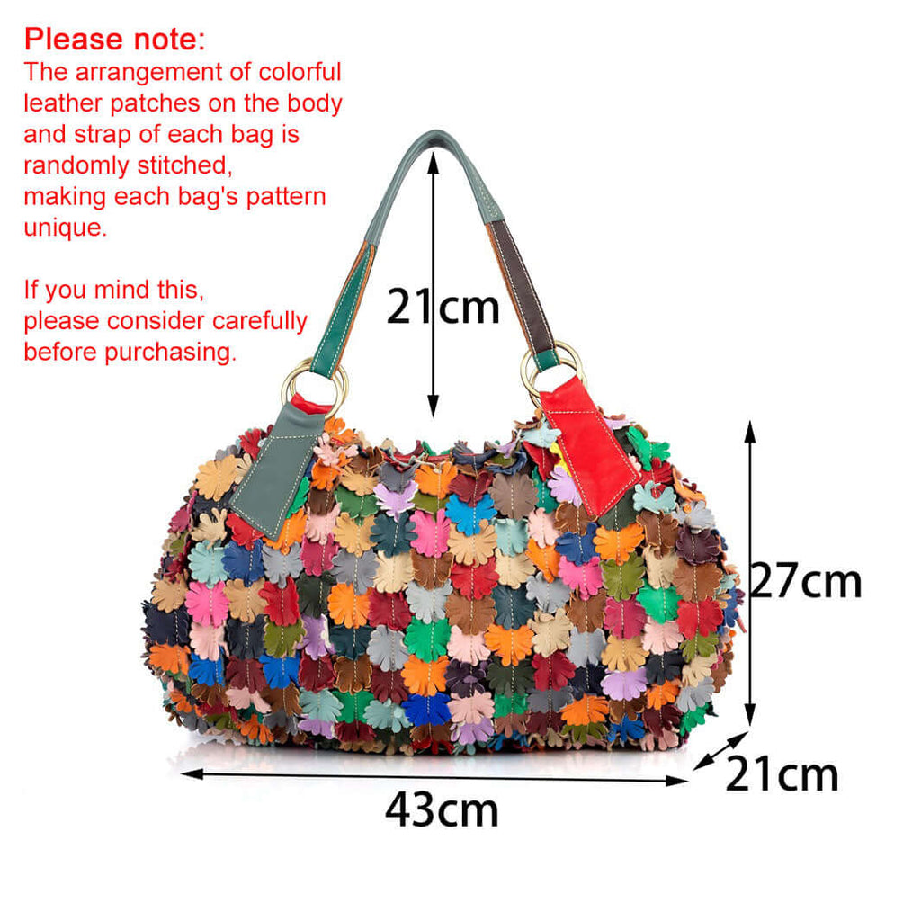 Unique patchwork design on colorful leather floral tote bag.