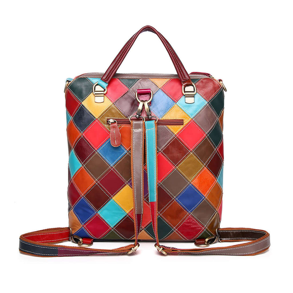 Back view of the genuine leather colorful backpack with multi-style use.
