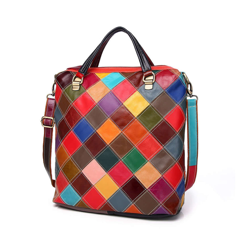 Versatile leather colorful patchwork backpack for women in NZ.