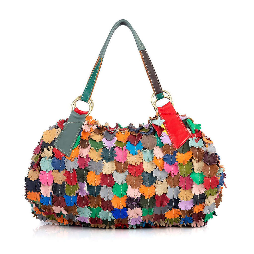 Colorful leather floral tote bag front view.