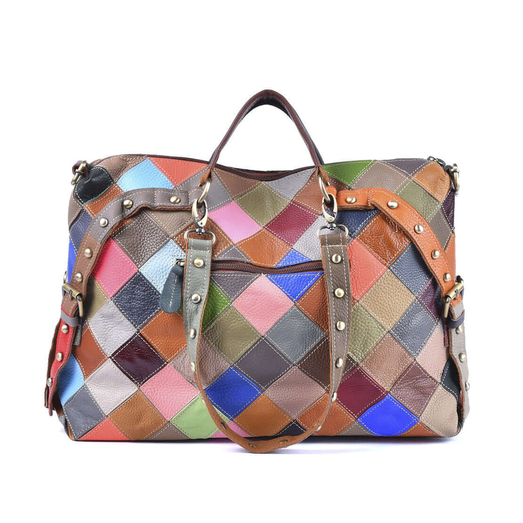 Back view of colorful leather patchwork handbag showing detailed craftsmanship and vibrant design.