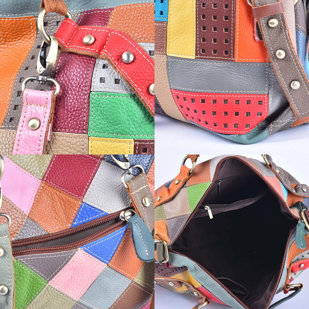 Close-up of vibrant patchwork design on genuine leather handbag.