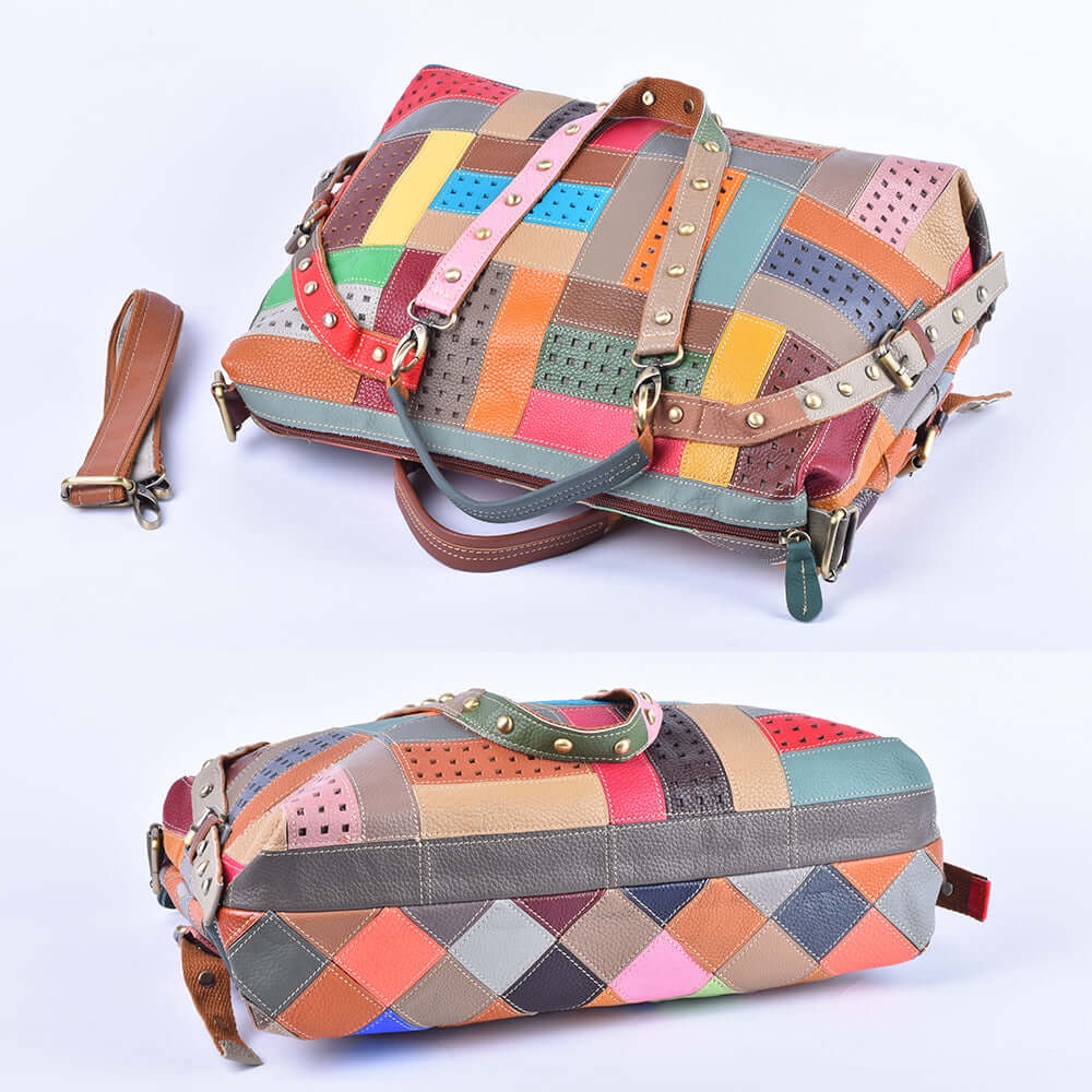 Adjustable strap detail of colorful leather patchwork handbag for versatile carrying.