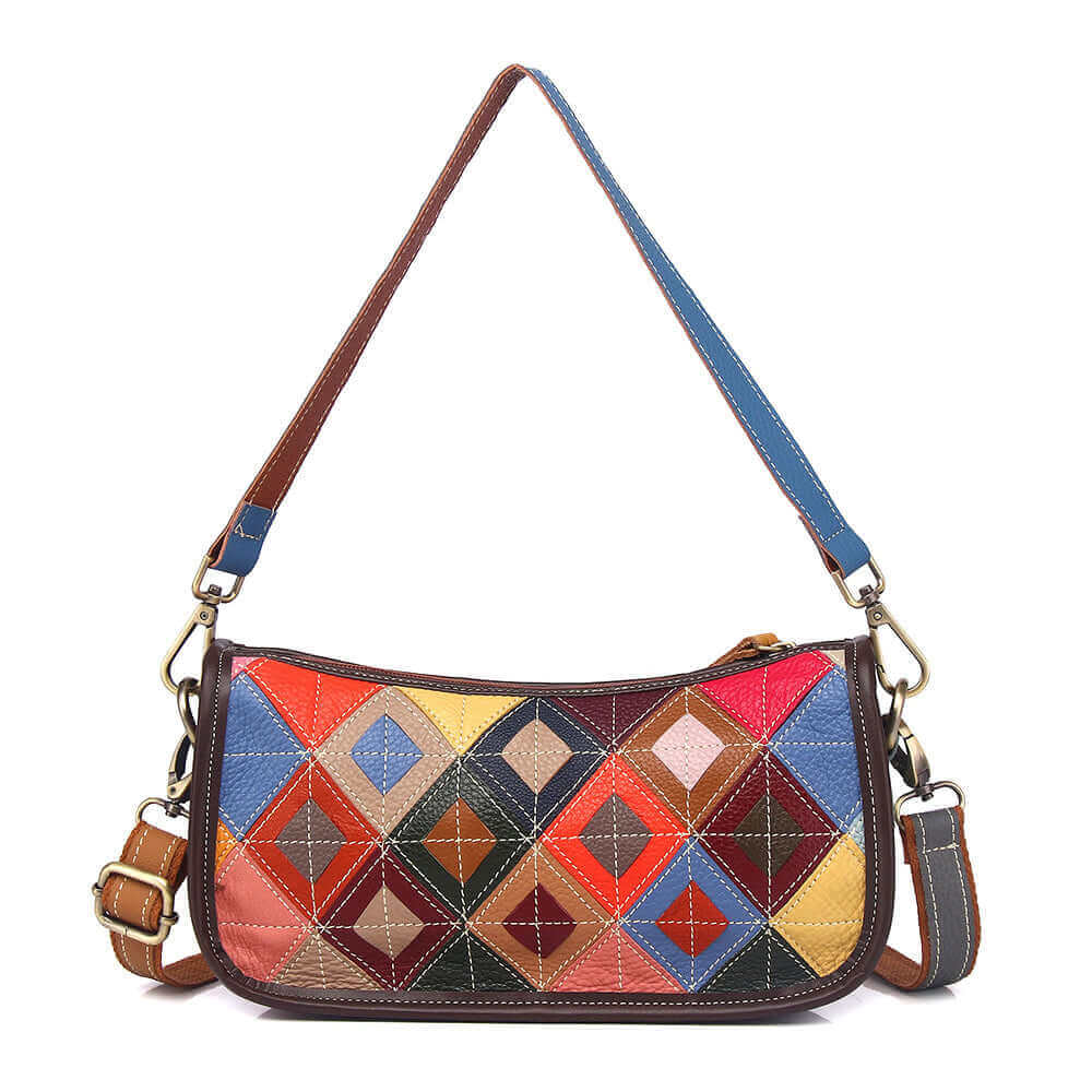 Front view of colorful leather shoulder bag with patchwork design