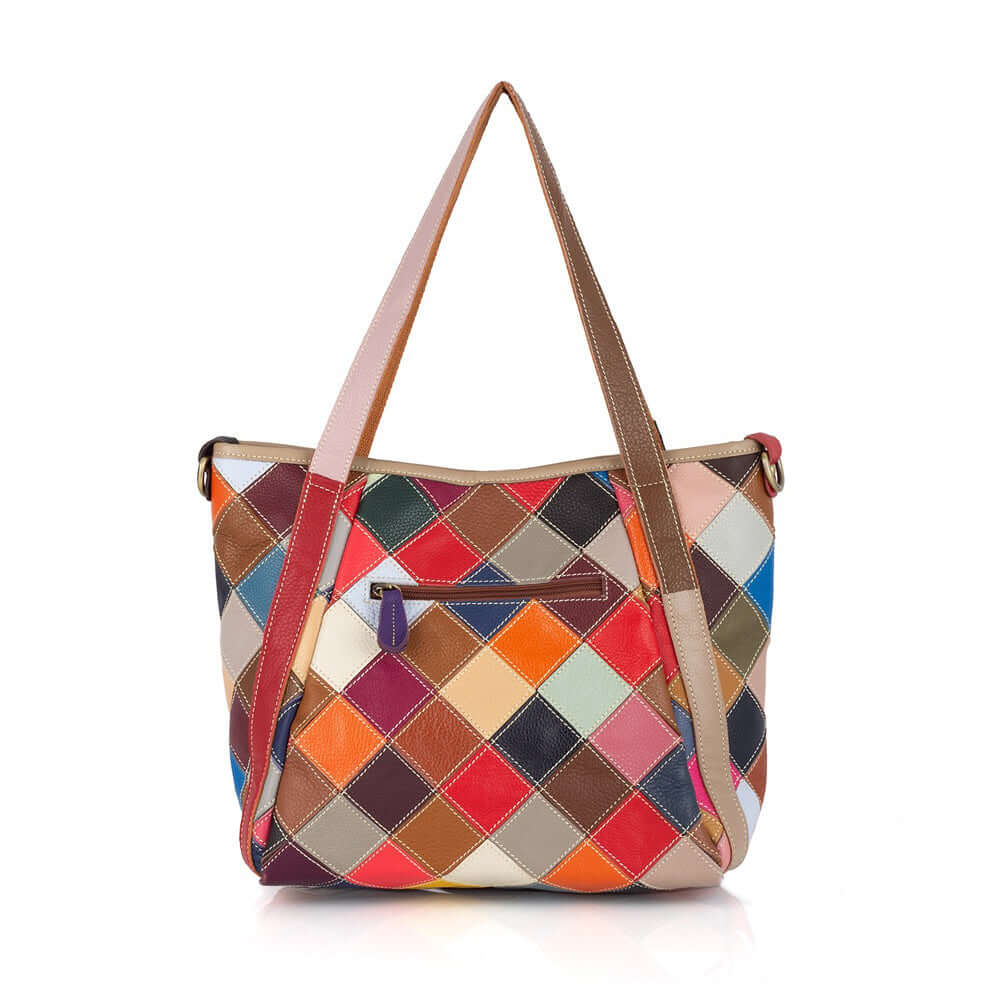 Back view of the colorful patchwork leather tote bag.