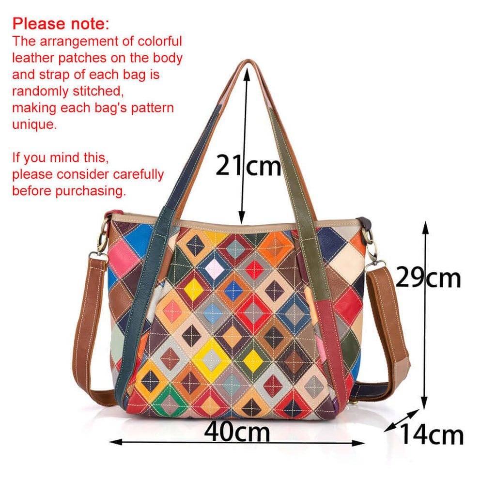 Colorful leather tote bag with dimensions labeled.