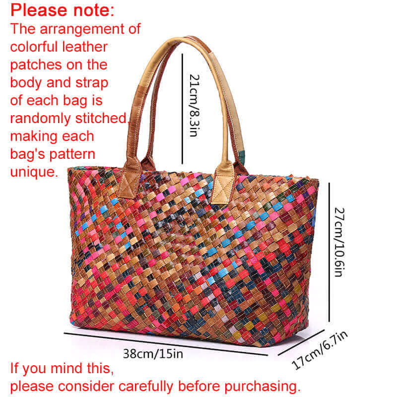 Handle detail of colorful woven leather tote bag for women.