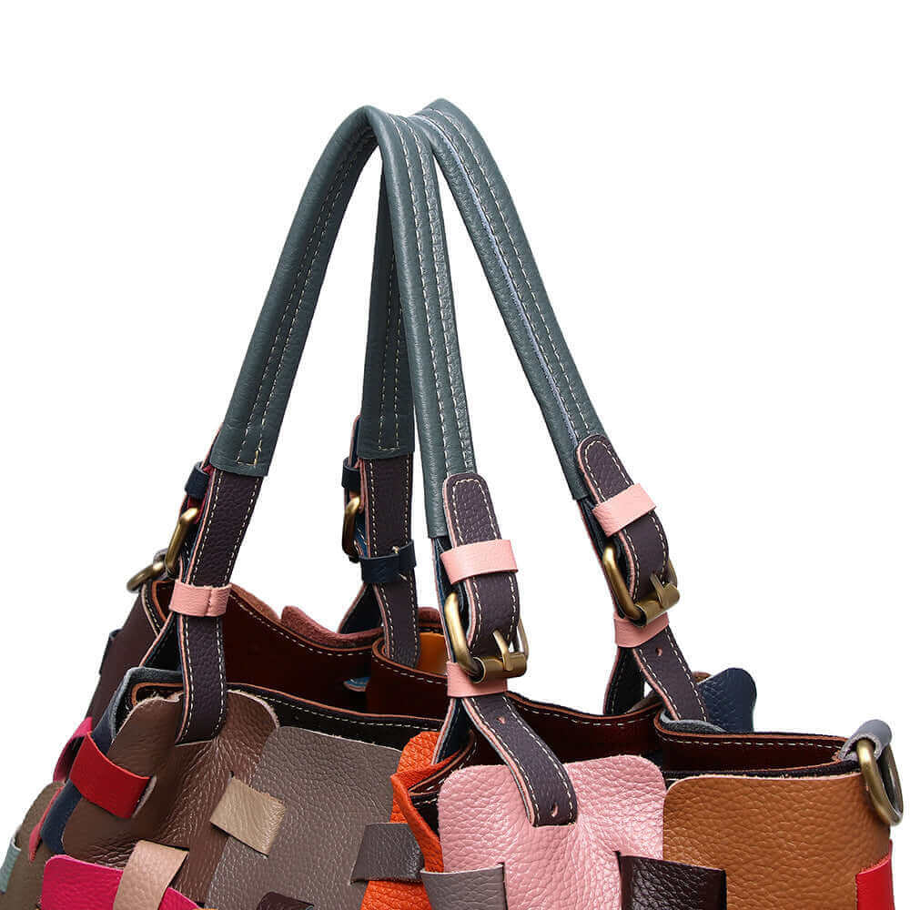 Close-up of the colorful leather patchwork design on the handbag.