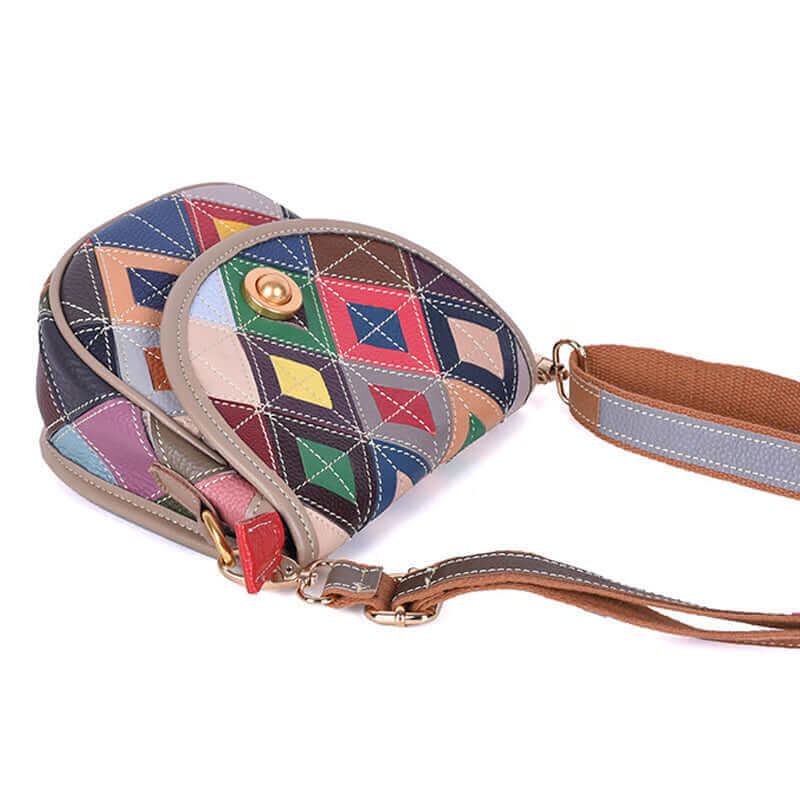 Stylish crossbody bag with patchwork design for everyday use.