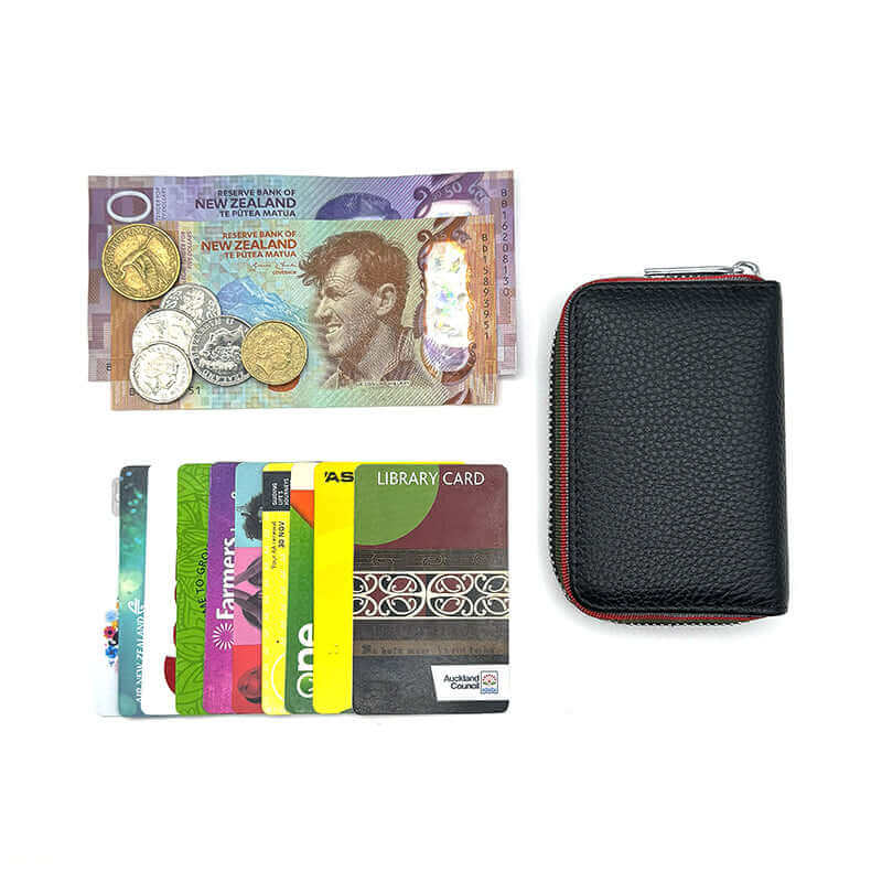 Colorful woven edge leather RFID card holder, offering 12 card slots, a coin pocket, and certificates slot.