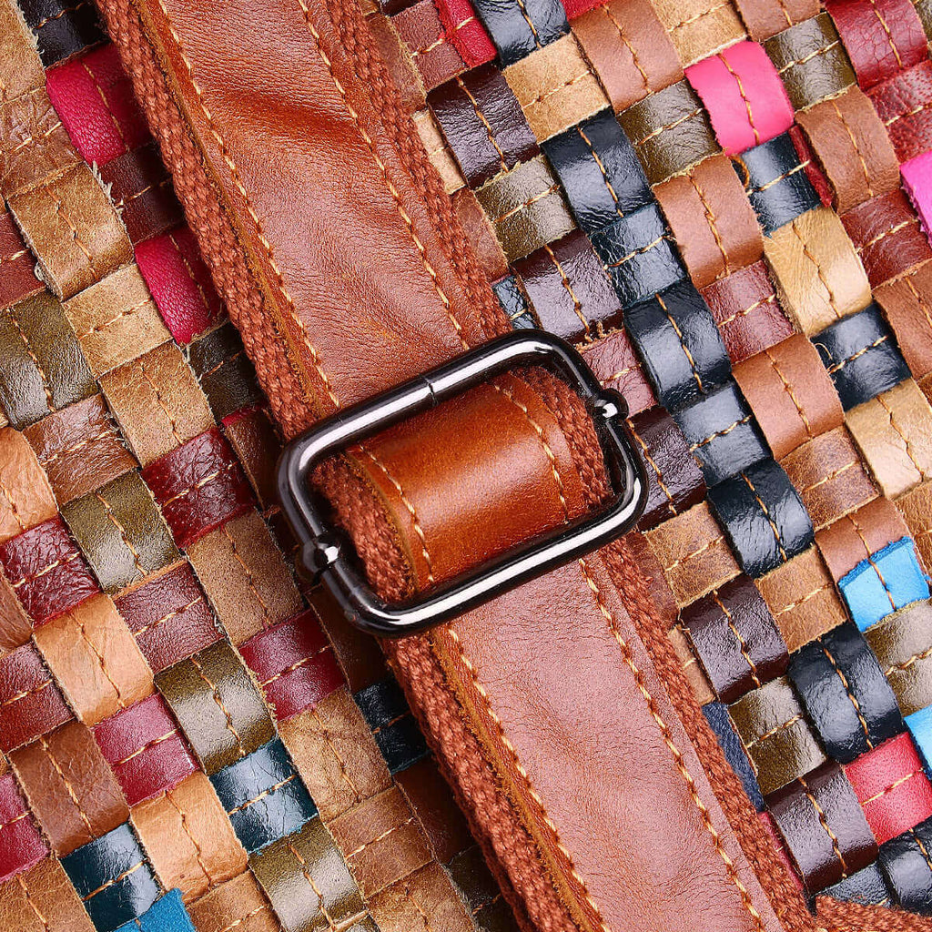 Close-up of vibrant woven leather pattern on the tote bag.