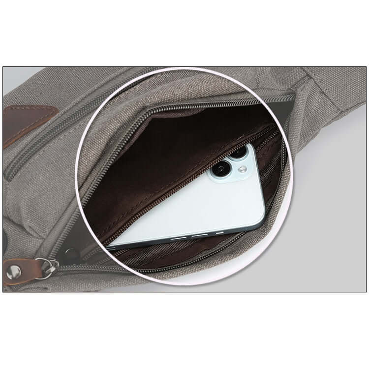 Canvas bum bag holding phone, keys, and wallet