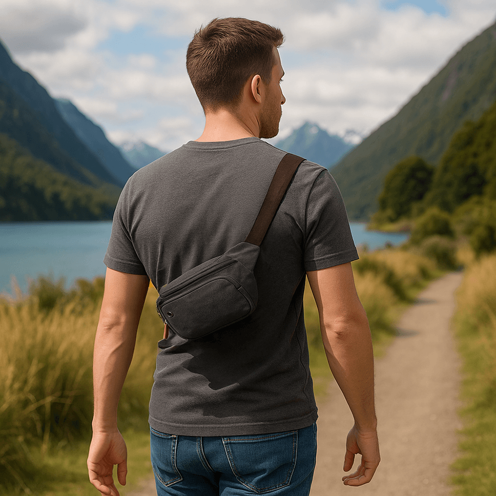 Compact canvas waist bag for men, featuring multiple zippered compartments.