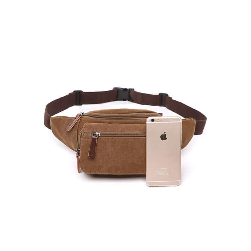 Compact canvas waist bag for men with multiple storage options.