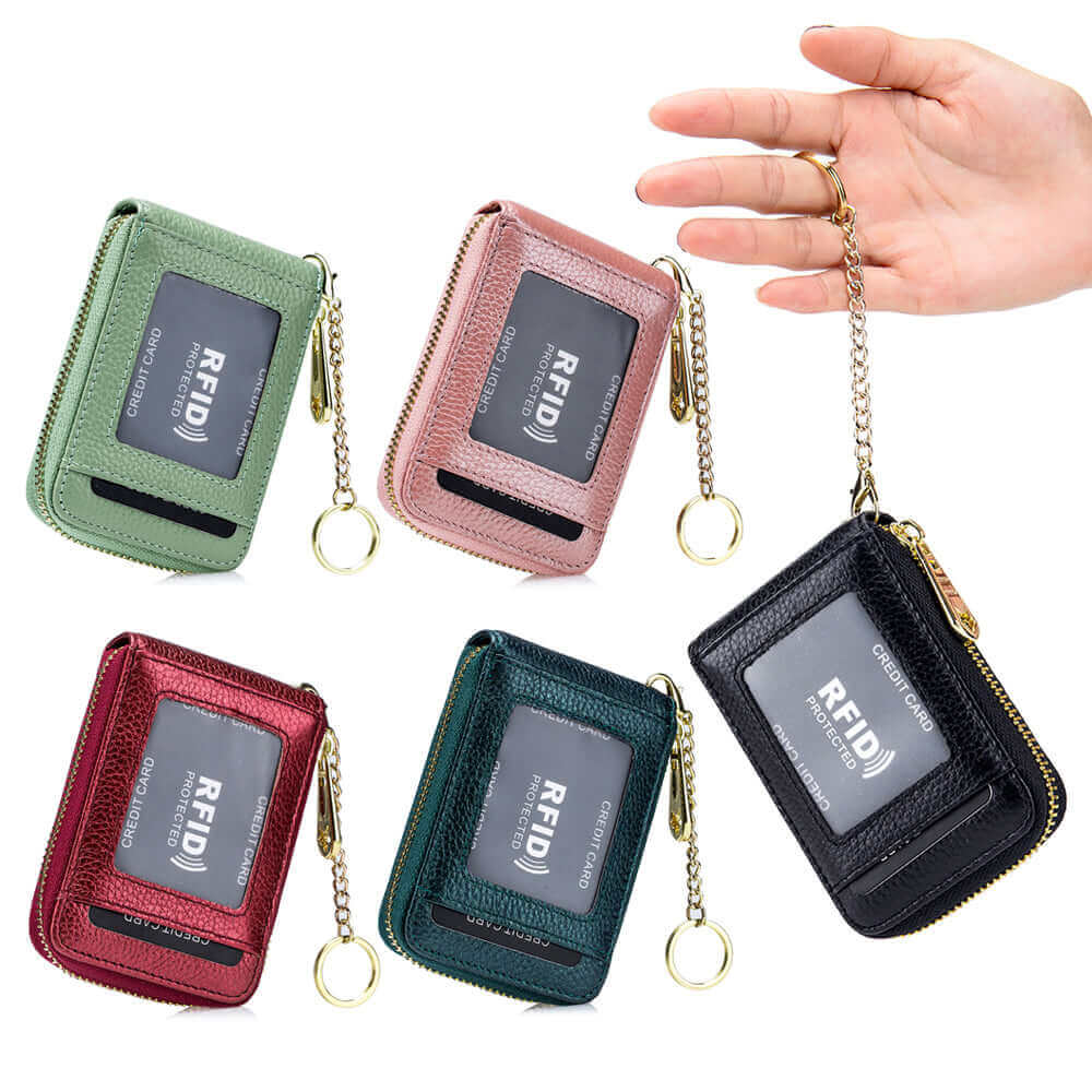 Compact RFID leather card holder wallet in multiple colors.