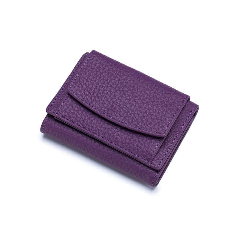 Compact RFID mini wallet in leather with purple finish, featuring 1 coin pocket and 6 card slots.