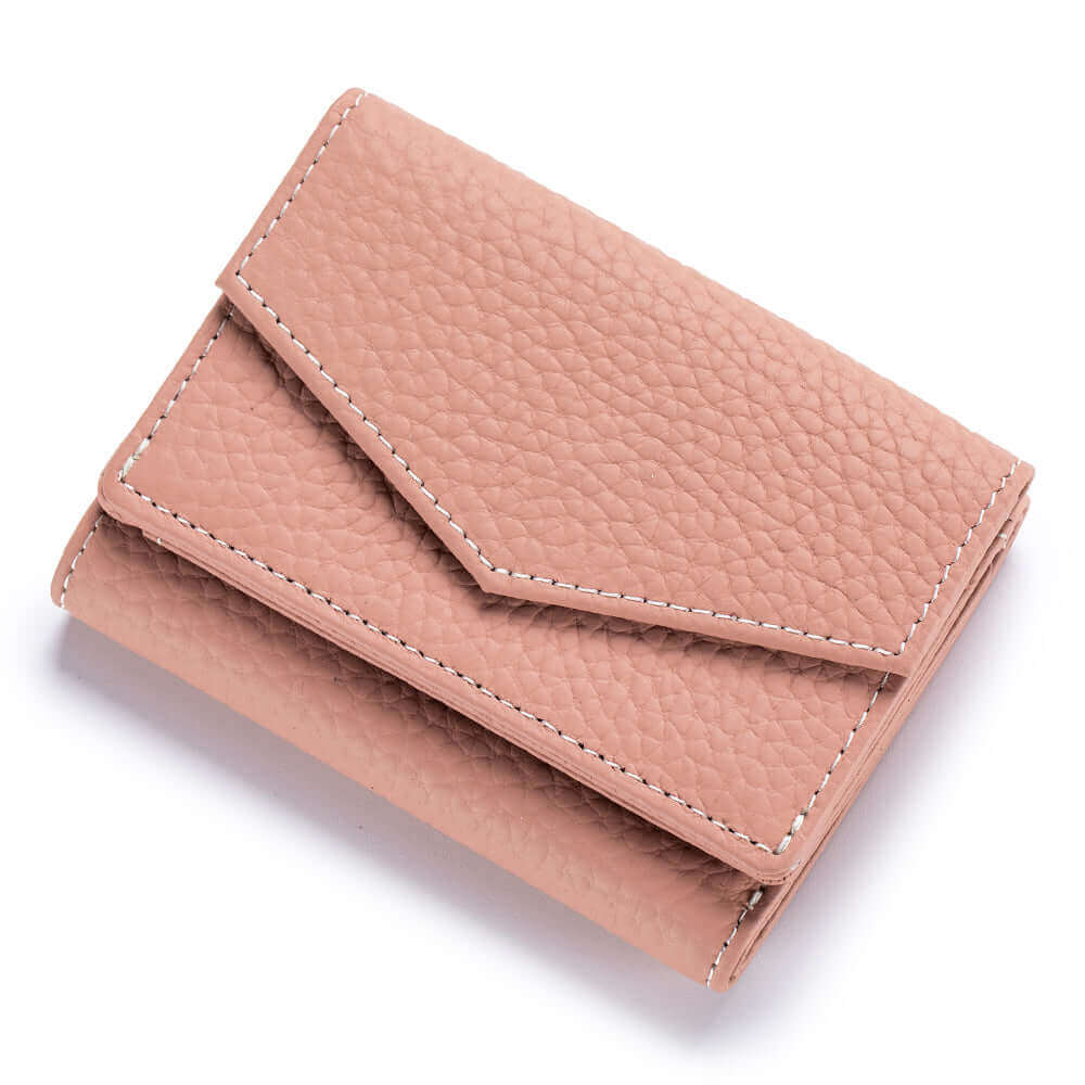 Front view of a compact leather tri-fold wallet for ladies