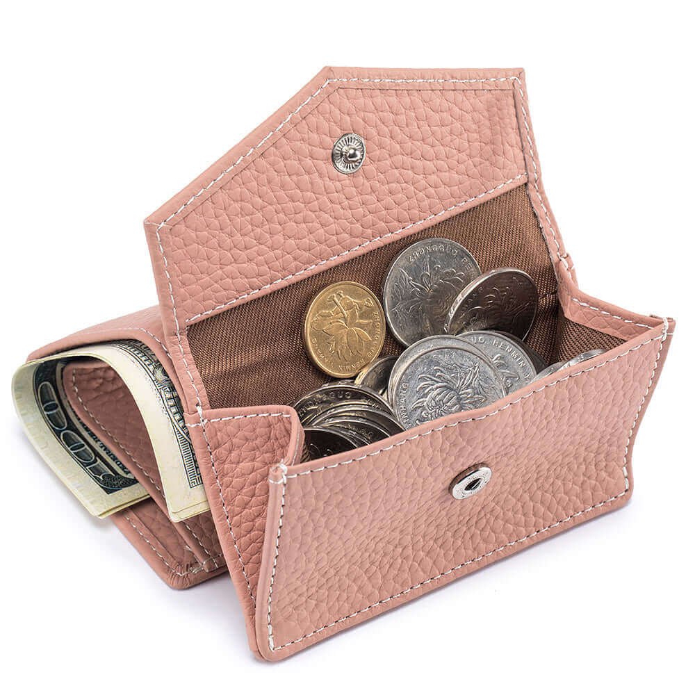 Compact wallet open showing money slot, card slots, and coin pocket