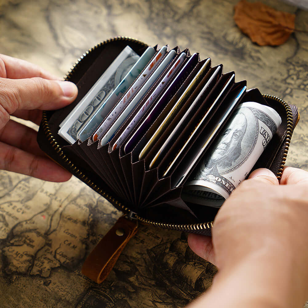 Top view of RFID leather wallet with pull tab