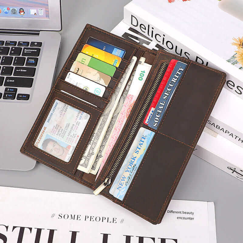 Open view of Crazy Horse leather wallet with multiple card slots.