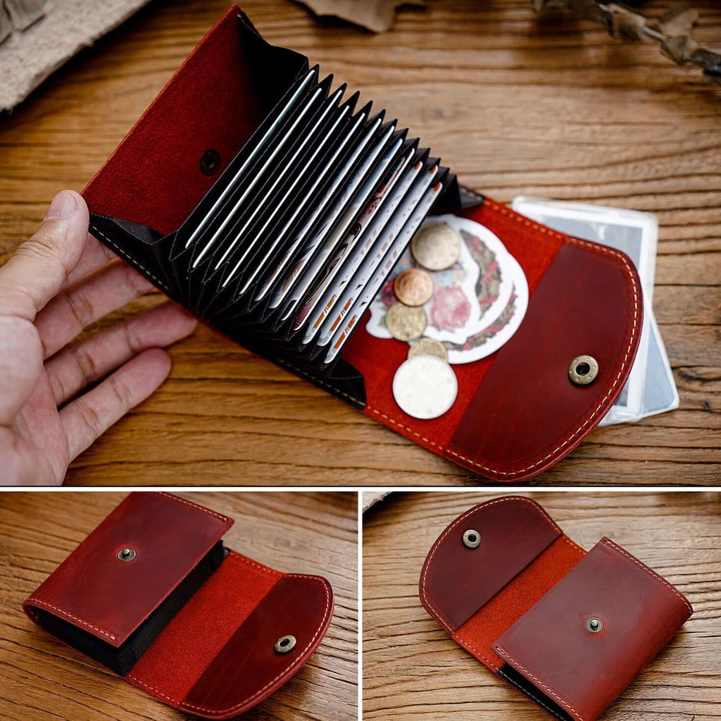 Red Crazy Horse leather compact card wallet