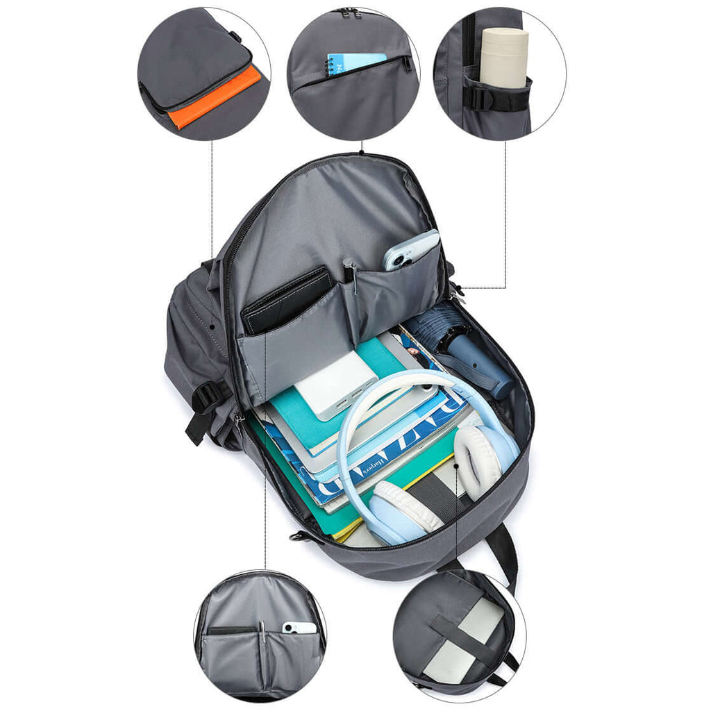 Detail of side pocket and adjustable strap for water bottles