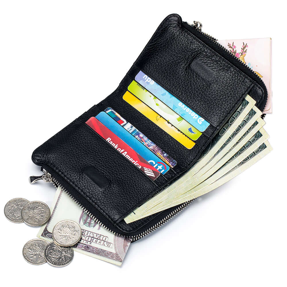 Open women's leather wallet showcasing card slots and compartments