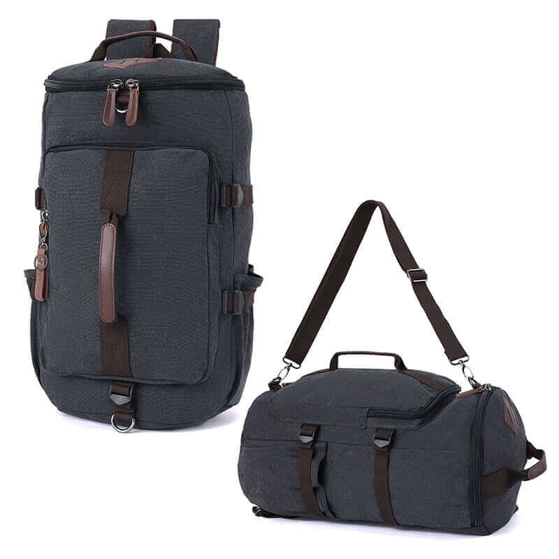 Durable canvas duffle backpack ideal for travel and outdoor activities.